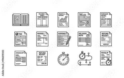 Collection of accounting and financial document icons for business and finance