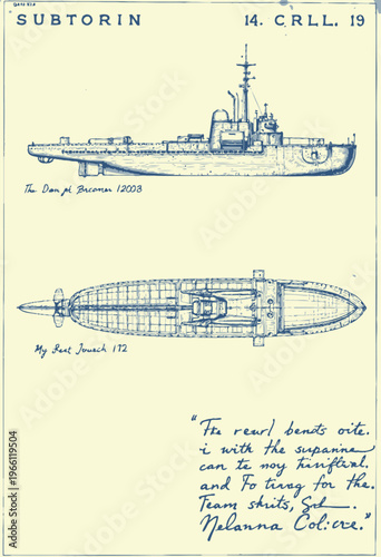 Blueprint Illustration of a Submarine with Detailed Views and Annotations for Technical Reference and Design Study