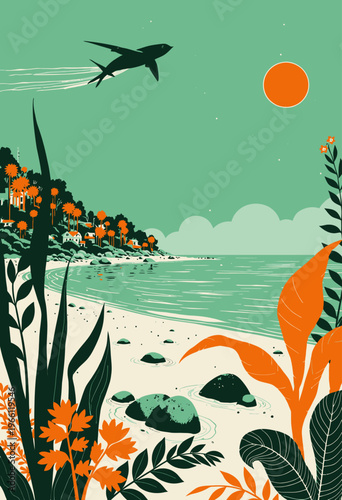 Illustrative Coastal Paradise with Lush Greenery, Vibrant Orange Flowers, Soaring Bird, and Distant Hills Under a Clear Green Sky with a Red Sun