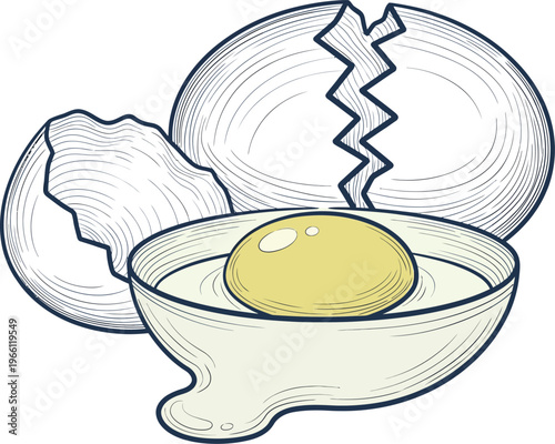 Cracked Raw Egg with Yolk in Bowl Illustration for Cooking Baking Recipe Food Blog and Culinary Content Design