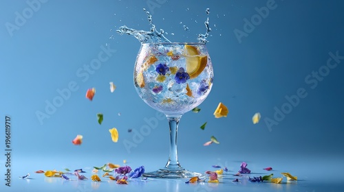 A high-speed photography shot captures a gin and tonic cocktail splashing out of a glass