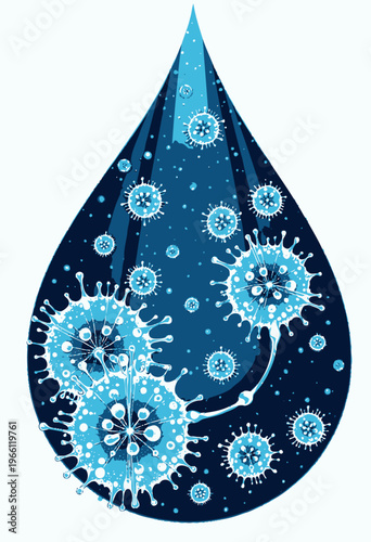 Illustration of Microscopic Blue Viruses in Teardrop Design Representing Viral Infection and Microbial Life in a Conceptual Artistic Style