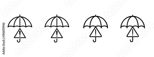 Weather protection and rain warning outline icon set featuring umbrella with alert triangle and caution exclamation mark vector illustration on editable stroke।