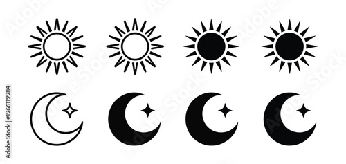 Sun and moon icons set, day night symbols, sunrise and sunset icons, brightness and contrast adjustment signs, clean flat design elements for mobile interfaces, web applications, and digital display s