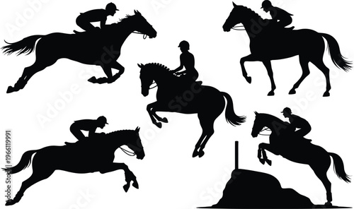Equestrian jumping silhouette set featuring horse riders in competition poses for sport design event branding and dynamic vector illustration