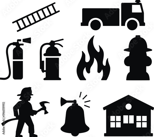 Fire safety emergency icon set, firefighter equipment collection, extinguisher hydrant alarm truck vector illustration black silhouette safety symbols