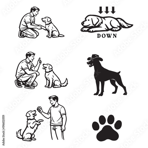 Vintage dog training vector set, black and white canine obedience illustrations, pet owner teaching commands, 6 elements for animal behavior