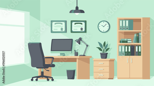 Flat design illustration of a modern, minimalist home office interior