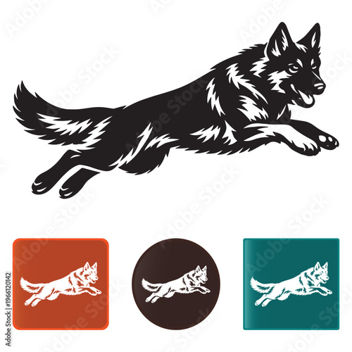 German Shepherd jumping vector silhouette, dynamic running dog logo icons, black and white canine pet illustration, athletic shepherd dog set