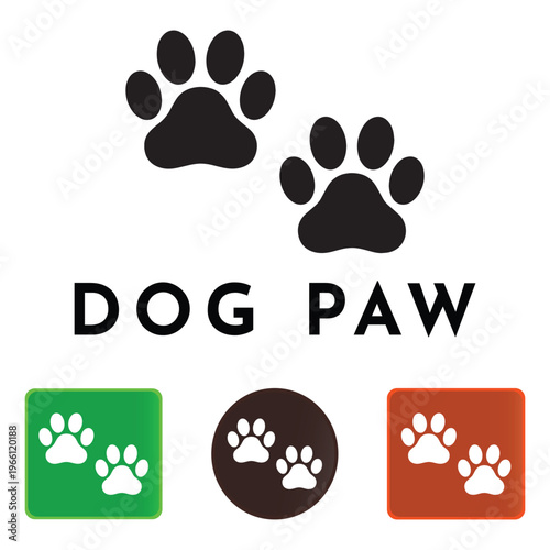Minimalist dog paw print vector icons, black animal footprint silhouettes, pet care branding elements in green and brown colors