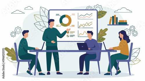 Business team collaborating on data analysis and strategy presentation