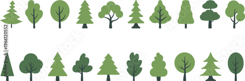 Green tree icon set, flat forest elements collection, various trees silhouettes, vector nature symbols isolated, landscape design elements for eco themes