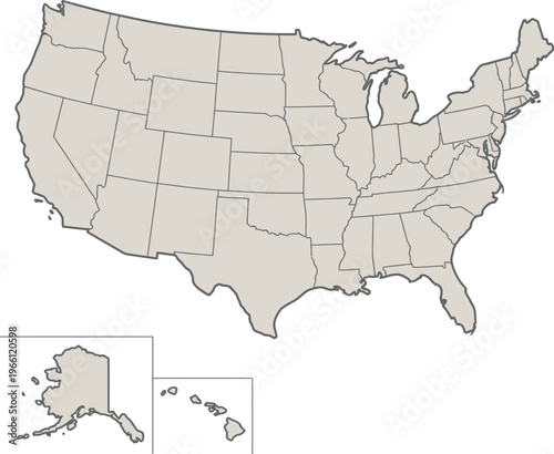 Blank USA All 50 States Outline Map with Alaska and Hawaii for Geographic Education Infographic and Political Design