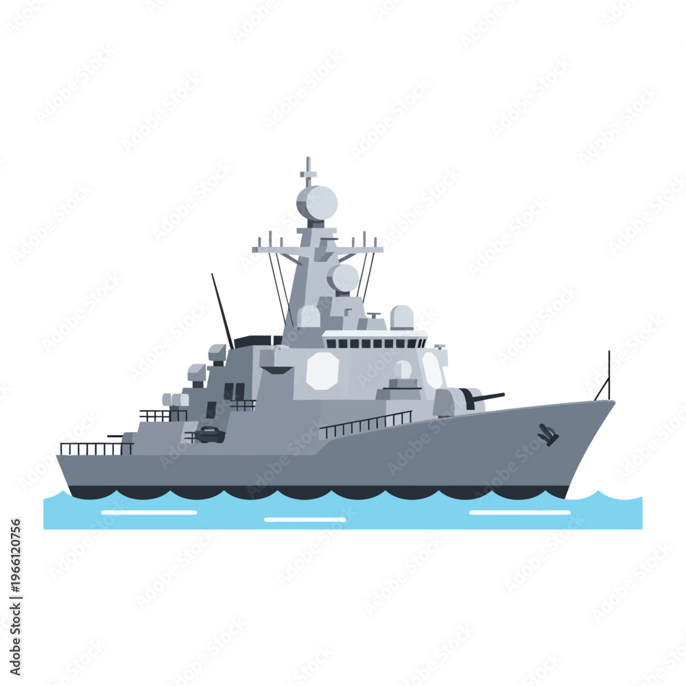 Fototapeta premium Modern Warship Sailing on Blue Water, Military Naval Vessel Illustration