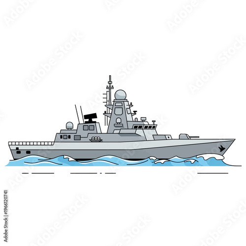 Modern Warship Sailing on Blue Water, Military Naval Vessel Illustration