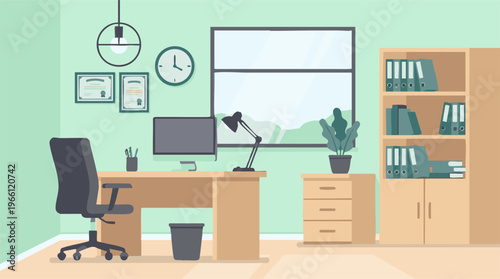 Modern home office interior with desk, computer, chair, and bookshelf