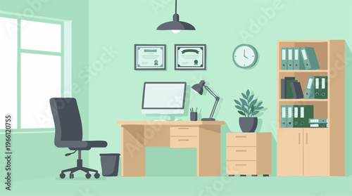 Contemporary office room with desk, computer, chair, and bookshelf