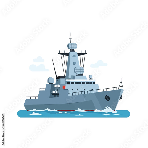 Modern Warship Sailing on Blue Water, Military Naval Vessel Illustration