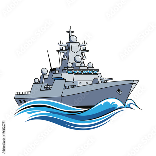 Modern Warship Sailing on Blue Waves, Military Naval Vessel Illustration
