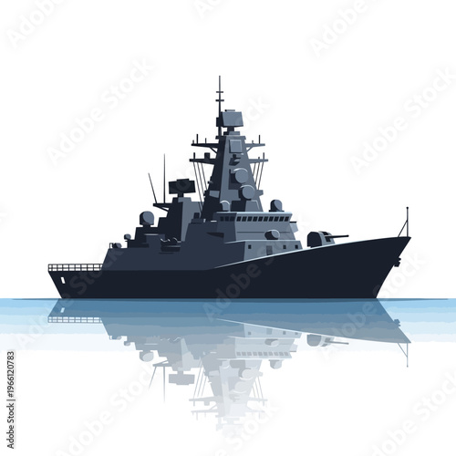 Modern Warship Silhouette on Calm Water with Reflection