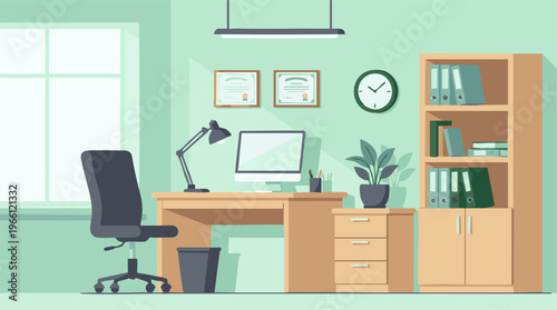 Modern office interior with desk, computer, chair, and organized bookshelf