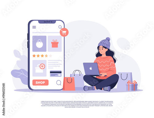 illustration of a woman shopping online design