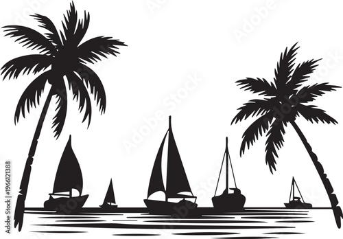 Create Silhouette kinds of Tropical beach with boats ink sketch vector illustration No Background