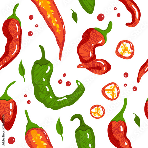 Seamless pattern of hot chili peppers and jalapenos