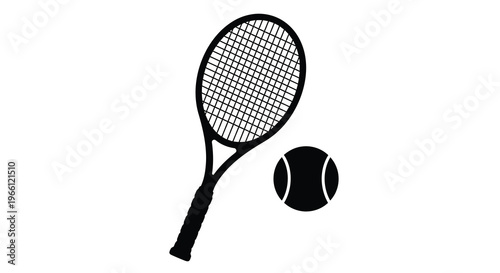 A stark black and white illustration depicts a tennis racket and ball showcasing equipment for the sport high quality professional detailed