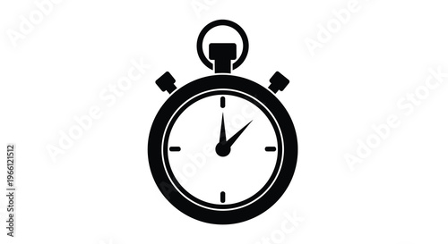 A simple black silhouette of a stopwatch is centered on a stark white background representing time or duration high quality professional