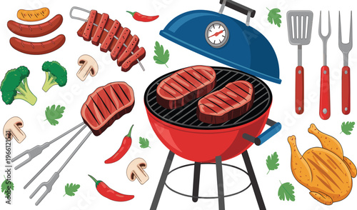 Colorful barbecue grill illustration with steaks, sausages, vegetables, cooking tools, outdoor BBQ food concept, summer grilling, kitchen equipment design