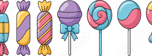 Colorful candy illustration cute lollipops and wrapped sweets pastel cartoon style seamless design confectionery background for kids festive vector art
