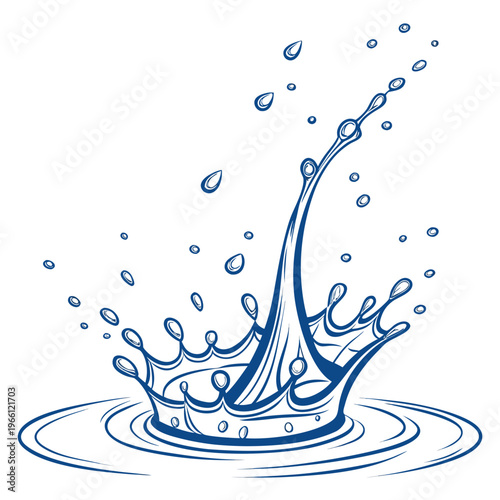 A blue water splash with droplets rising high