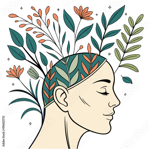 A woman's head with flowers and leaves in her hair