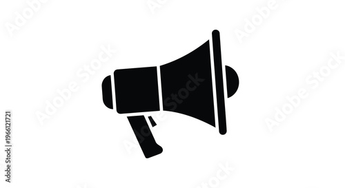 A stark black silhouette depicts a classic megaphone angled slightly against a plain white background high quality professional detailed modern elegant