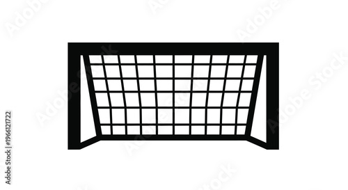 A simple black and white illustration depicts a soccer goal comprised of rectangular posts and a netted frame high quality professional