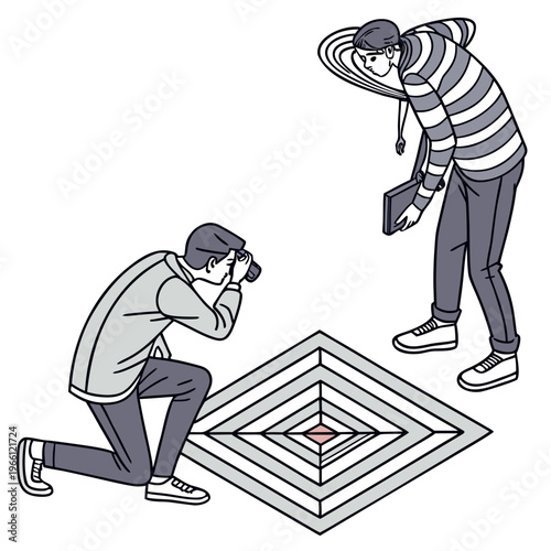 Two photographers taking pictures of a target on the floor