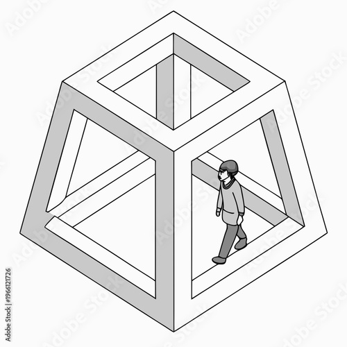 A man walks through a large pentagonal prism