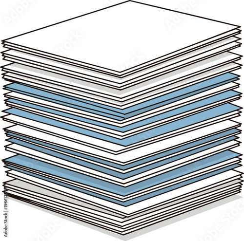 Huge stack of paper documents and files illustration on white background representing office work bureaucracy business administration data storage and organized corporate bookkeeping records