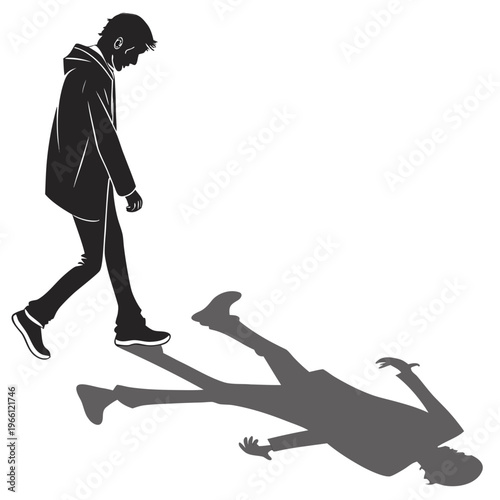 A man walking away from his shadow that is lying on the ground