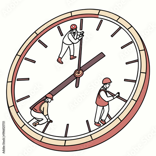 Three workers on a giant clock face