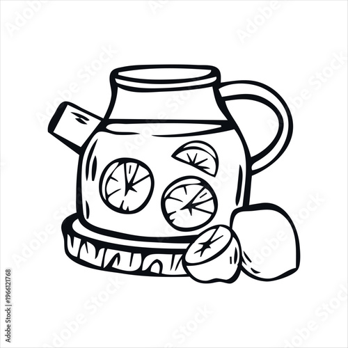 Hand-Drawn Vector Illustration – Teapot with Lemon Tea and Lemons