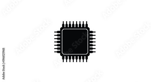 A minimalist black silhouette depicts a rectangular microchip with numerous pins extending from its sides high quality professional detailed modern elegant