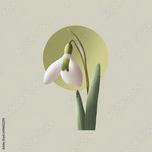 minimal Imbolc illustration, single snowdrop flower, soft white and green palette, clean background, early spring symbolism