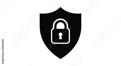 A simple black and white illustration depicts a shield shape containing a padlock symbolizing security and protection high quality professional detailed