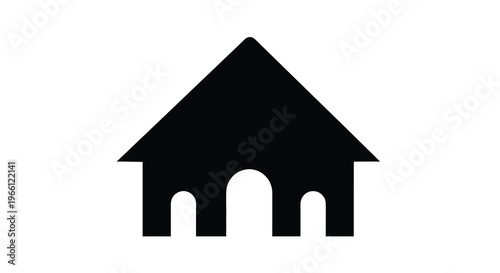 A minimalist black silhouette depicts a simple house shape with an arched entryway and gable roof high quality professional detailed modern