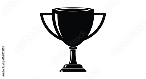 A stark black silhouette depicts a classic trophy with two handles and a pedestal base isolated on white high quality professional