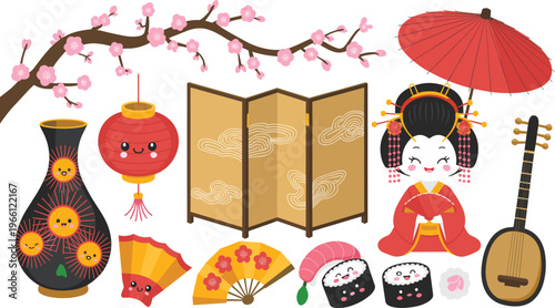 Kawaii Japanese culture elements set geisha sushi fan lantern sakura traditional objects cute vector illustration Asian design collection
