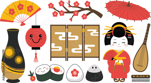 Kawaii Japanese culture elements set geisha sushi fan lantern sakura traditional objects cute vector illustration Asian design collection