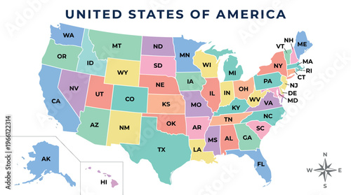 United States of America Full Color State Map with Abbreviations and Compass for Geographic Education and Infographic Use